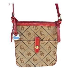 Dooney & Bourke Monogram Red and Tan Crossbody Bag Y2K Letter Carrier Bag